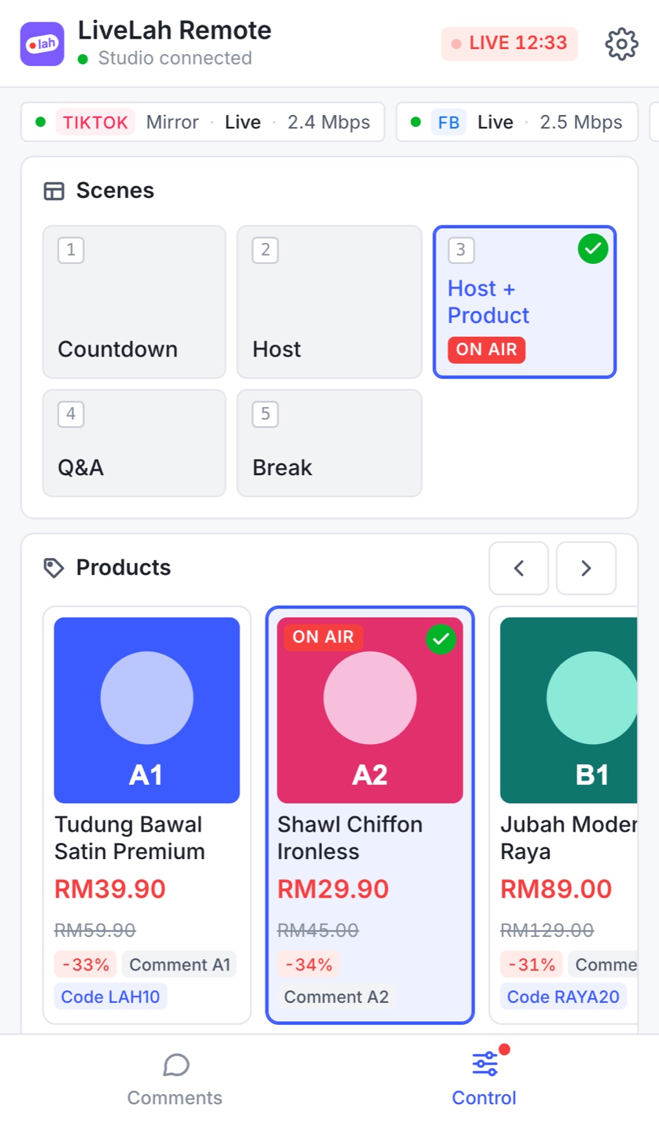 LiveLah Remote on a phone: +1 Order, flash sale buttons and banners