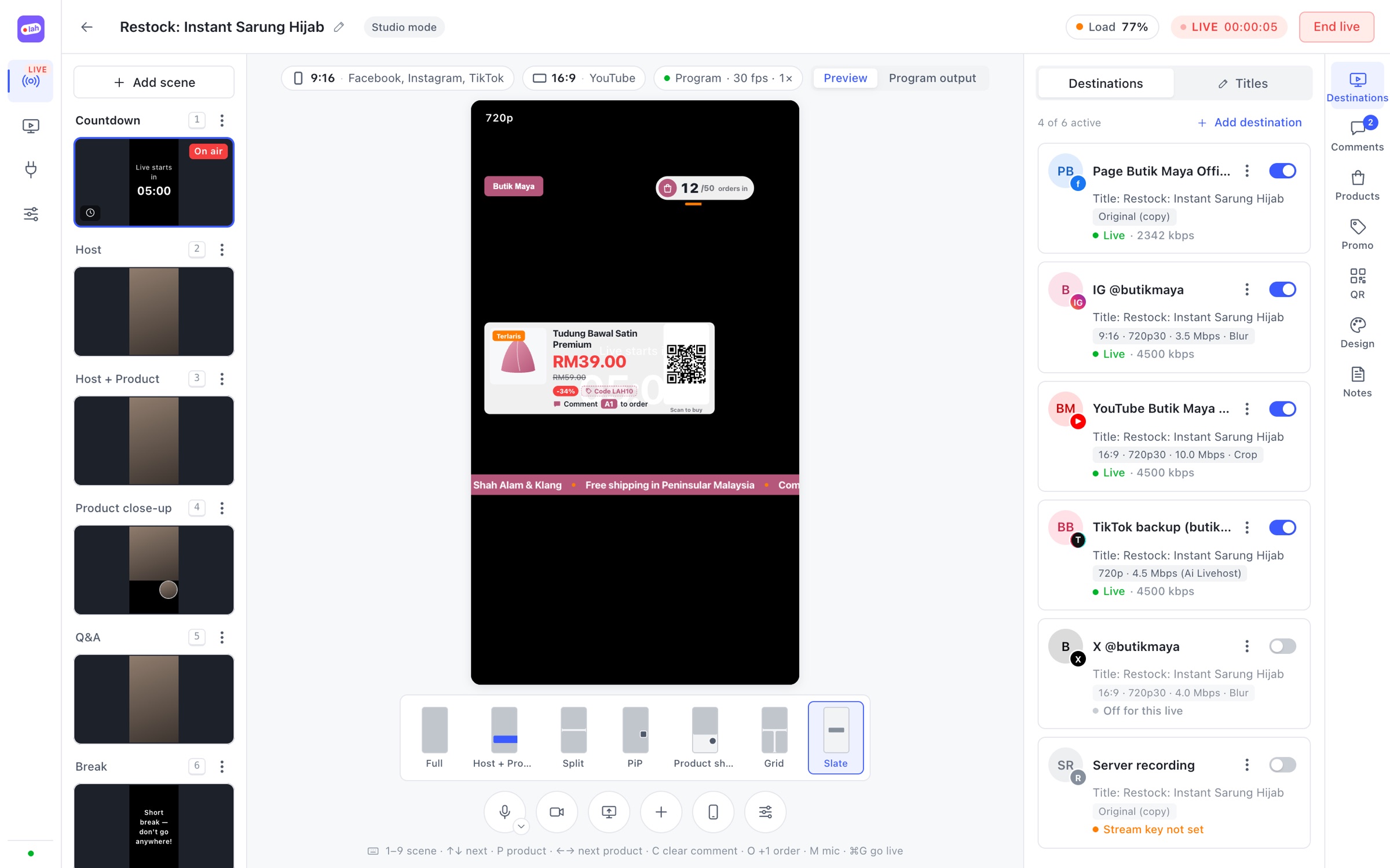 The destinations list with Facebook, Instagram, YouTube and TikTok live, each with its own size and bitrate
