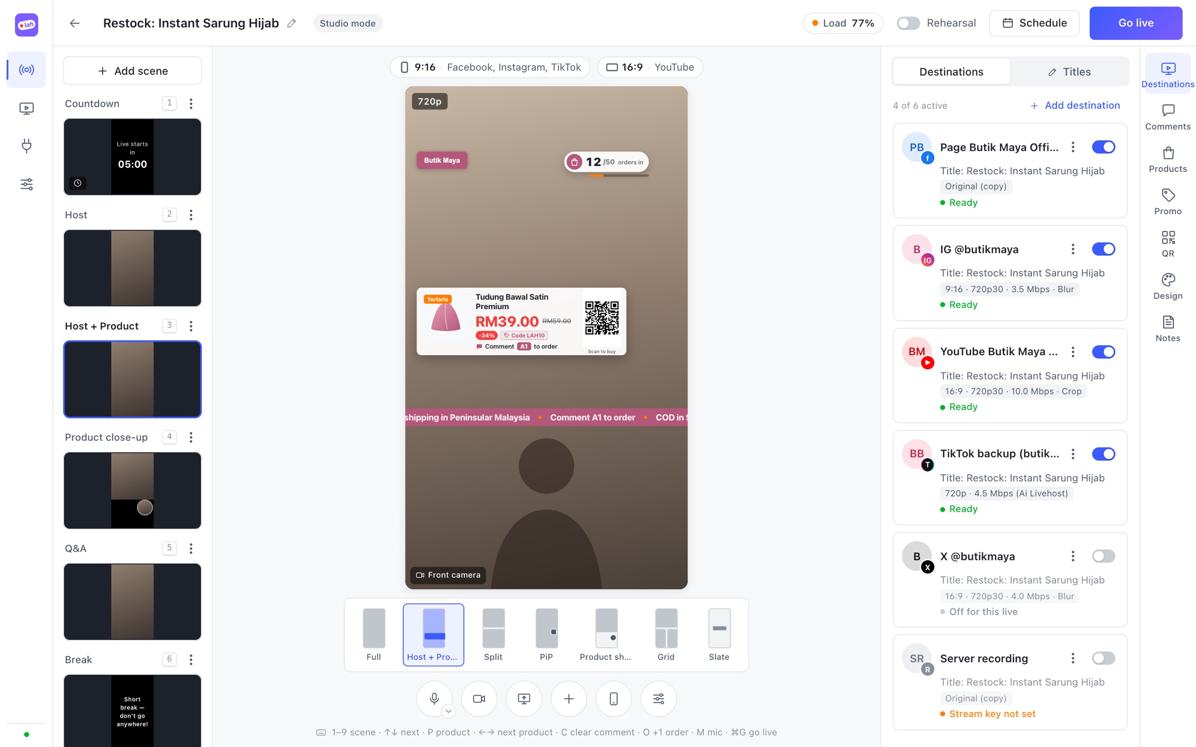 Studio mode with scenes on the left, a 9:16 preview and destinations